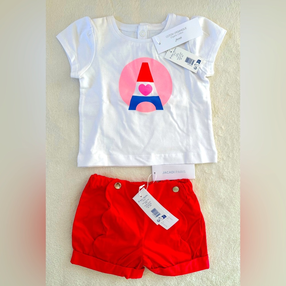 Selling brand new with tag set of red velvet short with T shirt. Jacadi size 6M